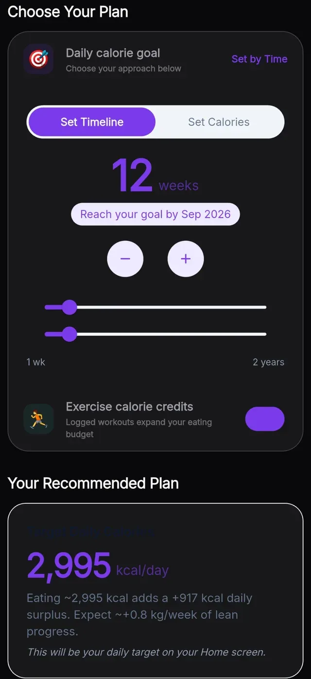 Velora calorie tracker plan screen showing a daily calorie target for weight gain or loss over a twelve week timeline