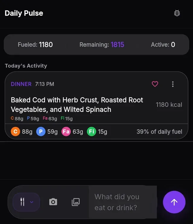 Velora AI calorie tracker screen showing a logged dinner with its calories and macros, above a box asking what did you eat or drink