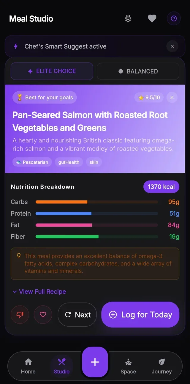Velora recipe card for pan-seared salmon scoring 9.5 out of 10, with its full nutrition breakdown